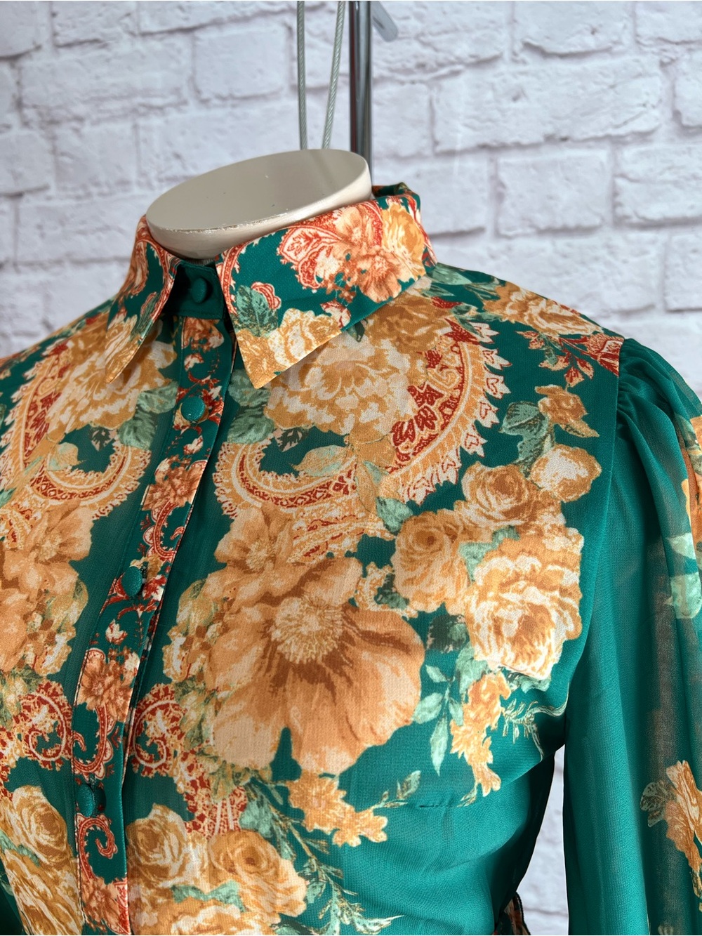 Flying Tomato Green Floral Tie-Waist Long Sleeve Mini Shirtdress Size M - Picture 8 of 16